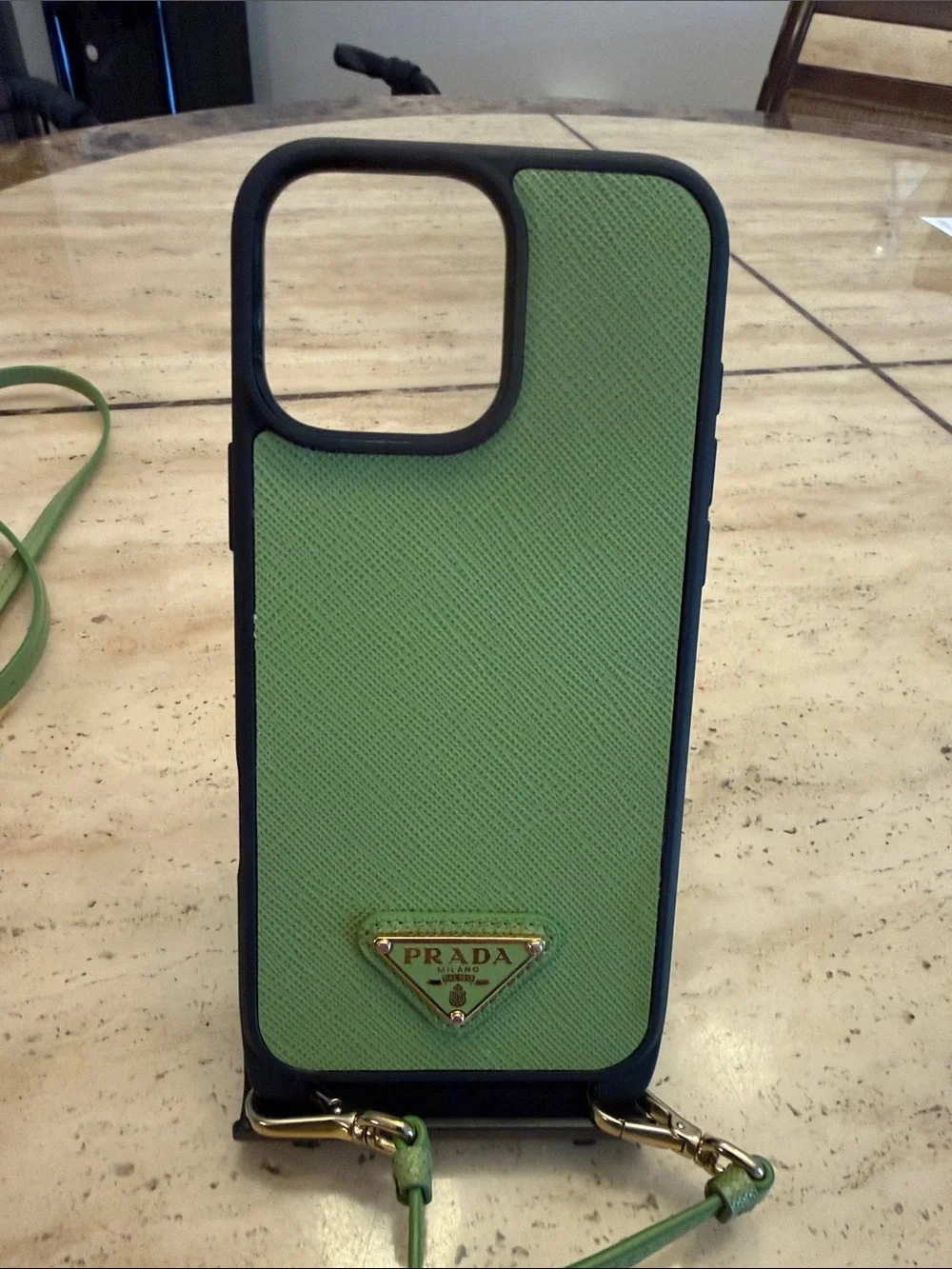 Prada Green Saffiano Leather Crossbody Phone Case with Gold Logo